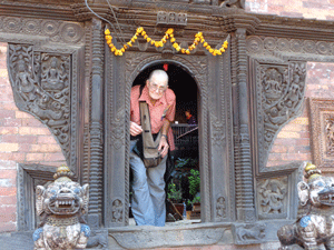 Door draped with marigold garland in Bhaktapur, Nepal