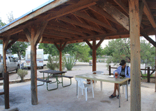 Shady patio at Siesta RV Park in Las Cruces